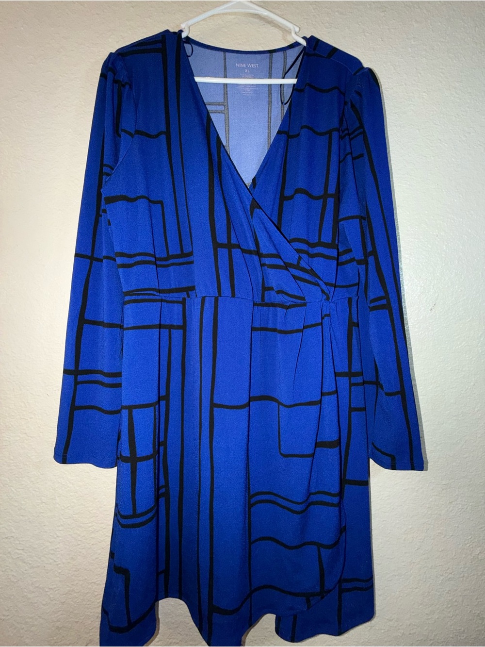 Nine West Cobalt Blue Long-Sleeve Faux-Wrap Dress with Black Graphic Lines